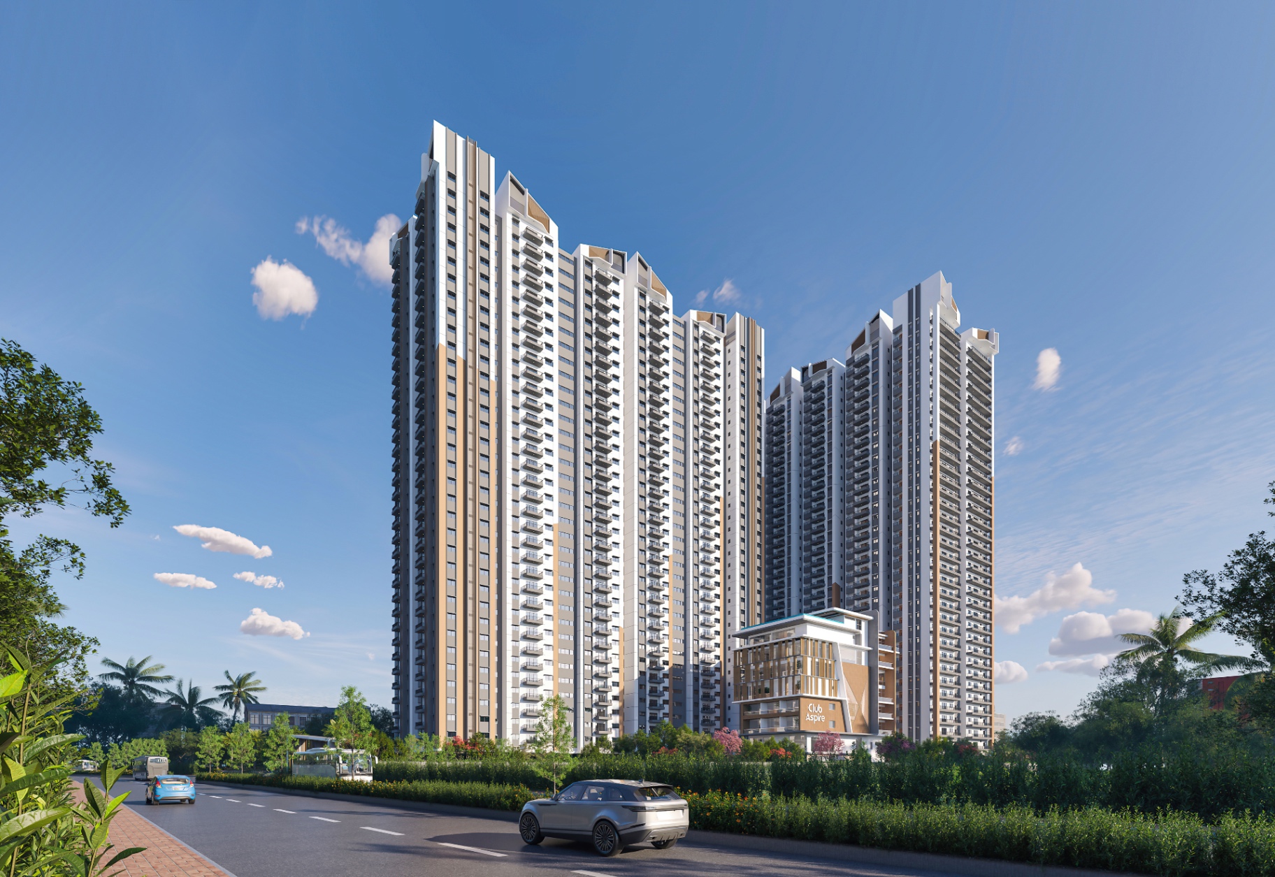 Architectural view of the Aspire Aarna tower podium and landscaped arrival court