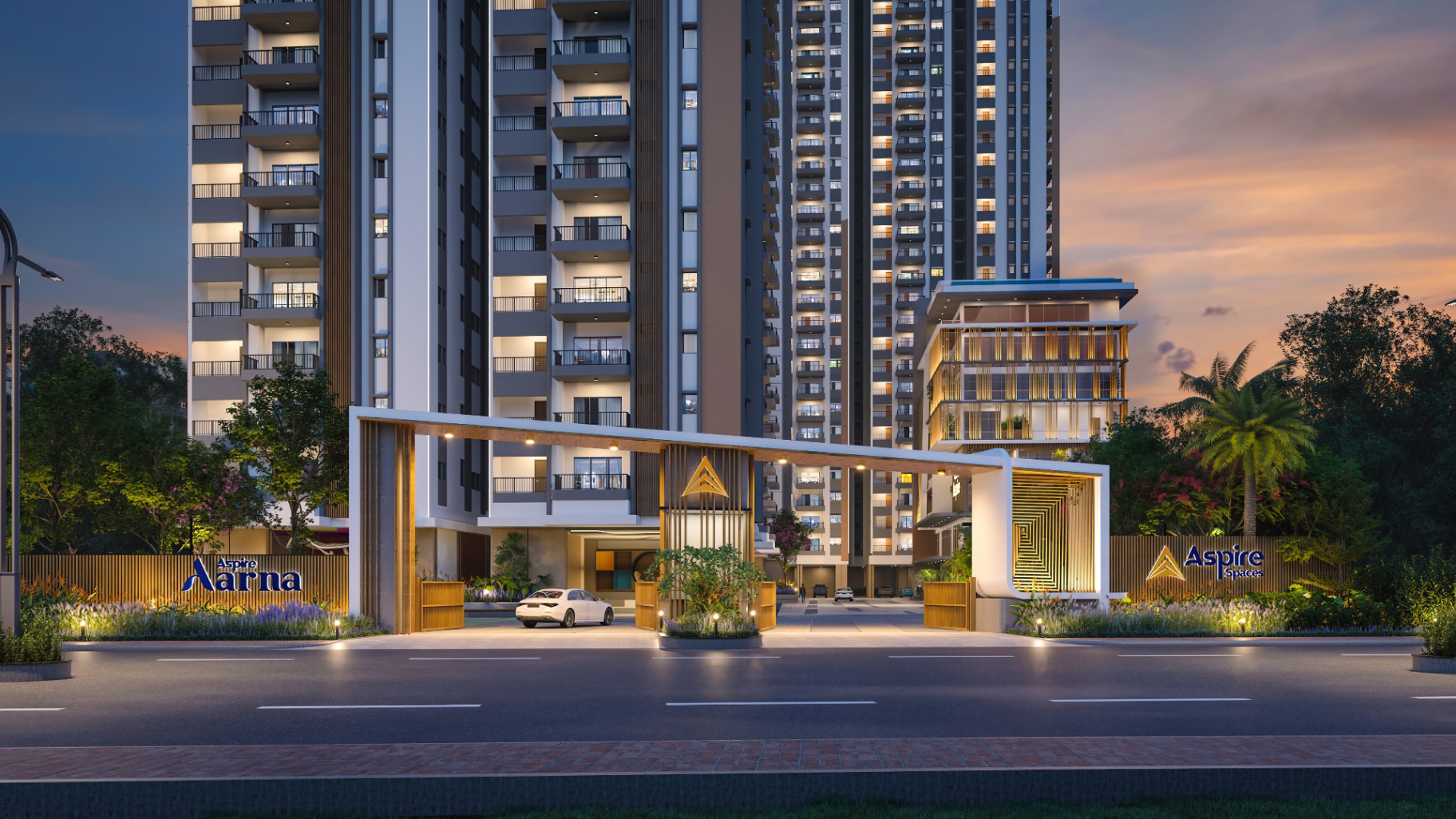 Aspire Aarna grand entrance gate — Arrival Gate · Night